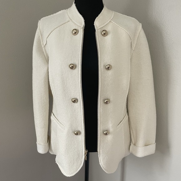 CHICOS Sz 1 (M-8/10) Ivory Military Jacket Boiled Wool Luxury Preppy Old Money - Picture 7 of 14